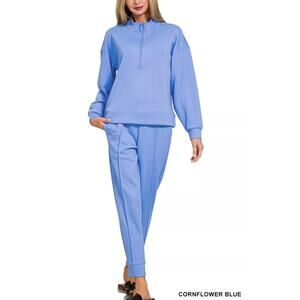 Zenana Cornflower Blue Small Half Zip Pullover Jogger Matching Set Athleisure